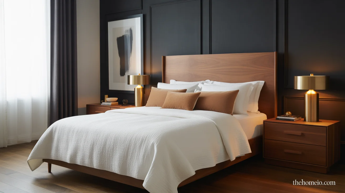 Modern American bedroom with deep matte black accent wall wood headboard white bedding gold lamps and framed art