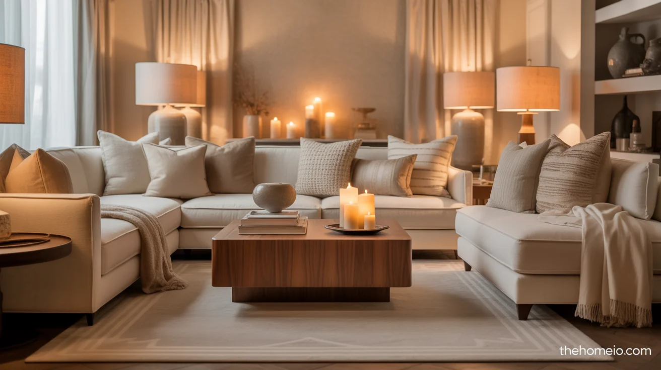 Cozy living room with warm rug, layered lighting, wood table, textured pillows, and throw blankets