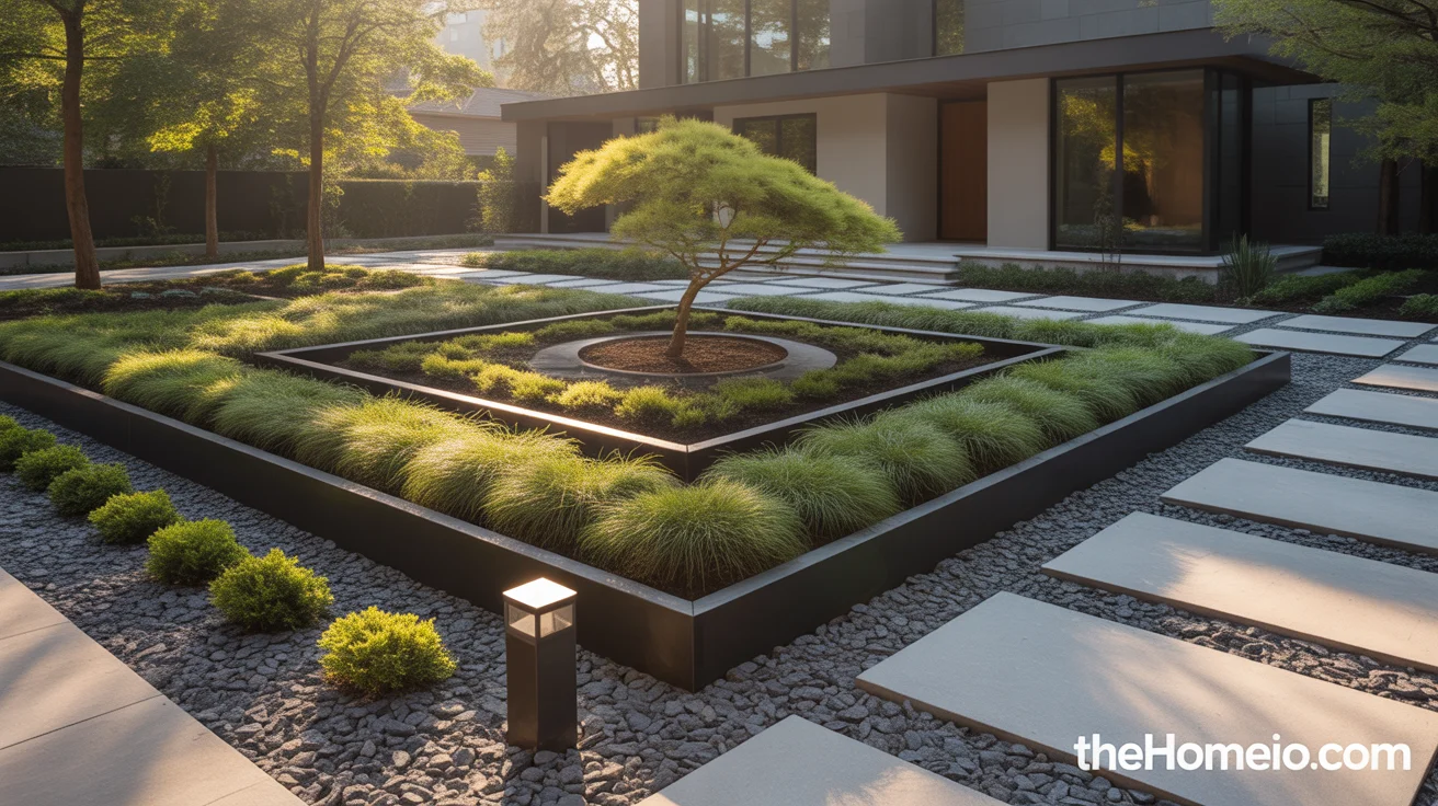 Modern front yard with black steel edging ornamental grasses concrete pavers decomposed granite and Japanese Maple at American home