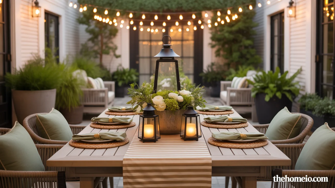 Beautifully styled table patio decor ideas with dining table stripe runner lantern centerpiece fresh florals woven placemats and Edison string lights overhead