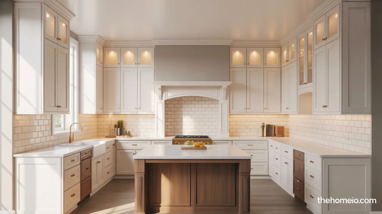 Modern kitchen with white oak cabinets, white quartz countertops, gold hardware, and butcher block island detail