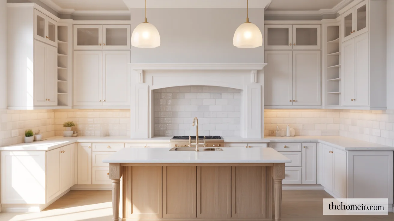 White kitchen with warm white cabinets, brass hardware, white quartz counters, and oak accents