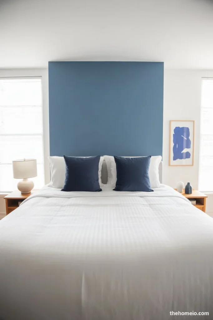 Budget blue bedroom with one painted blue accent wall white bedding navy pillows ceramic lamp and framed art print