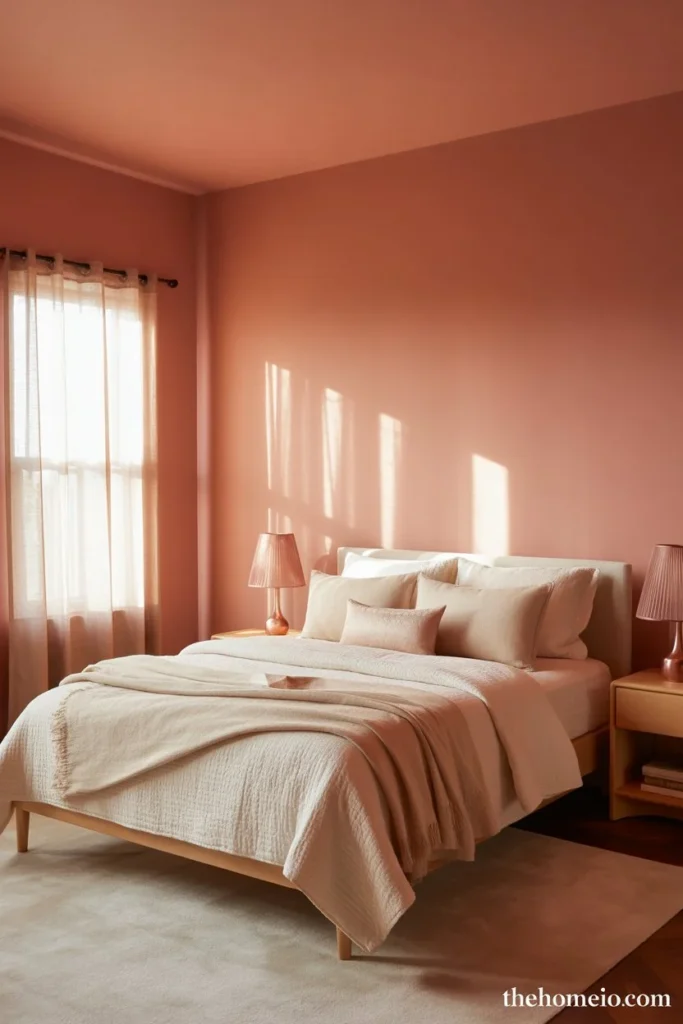 Warm beautiful bedroom with soft terracotta pink walls cream bedding wood frame rose gold lamps and linen curtains