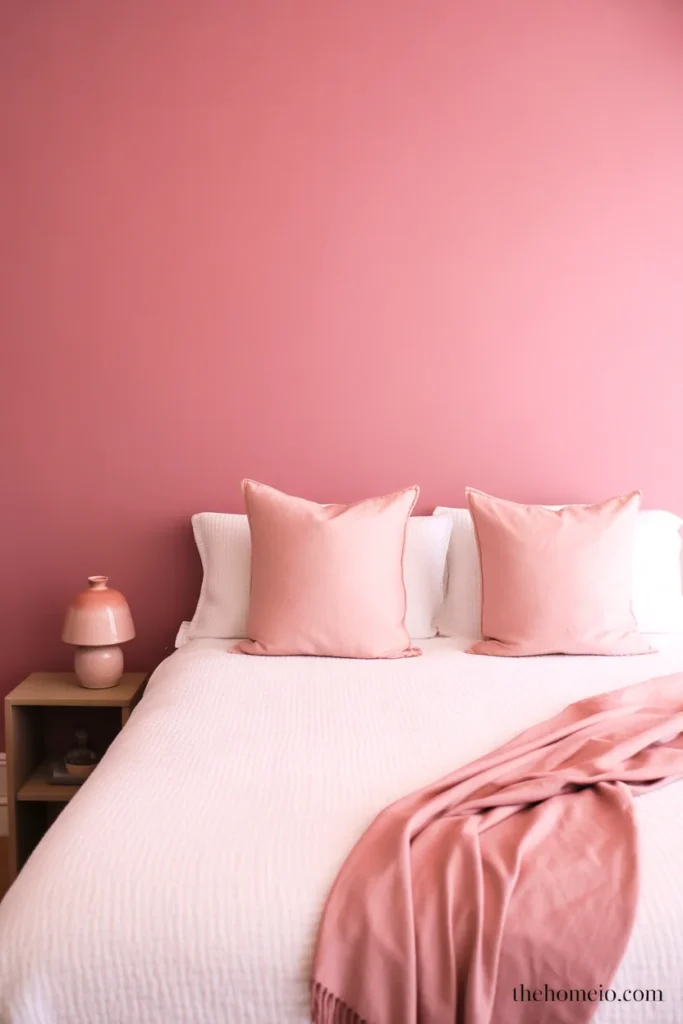 Budget pink bedroom with one dusty rose accent wall white bedding blush pillow covers and pink ceramic lamp