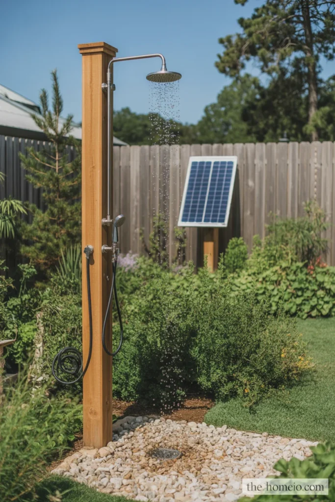 outdoor shower with solar collector panel on fence supply lines running to cedar shower post and natural pebble floor