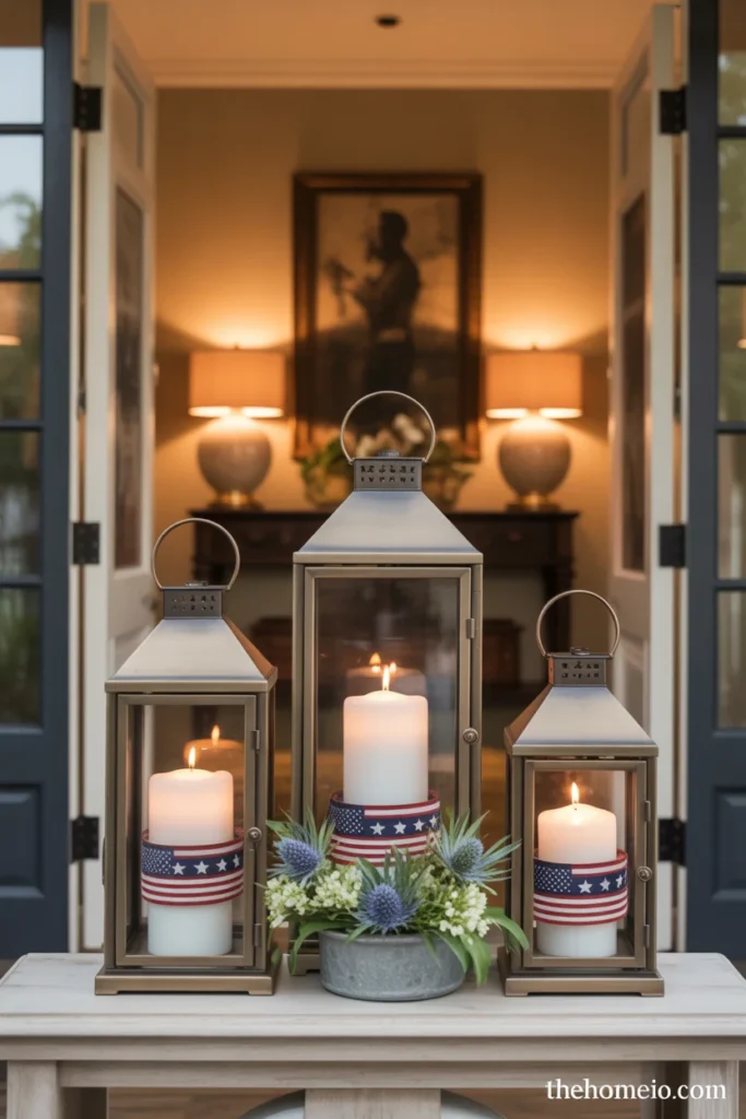 American home entry console with cluster of three aged bronze patriotic lanterns in varying sizes with ribbon-wrapped candles and American flags