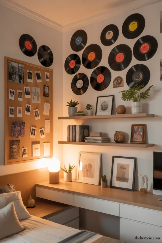 Personal teen bedroom with bulletin board vinyl records mounted on wall meaningful shelf collection and framed personal art