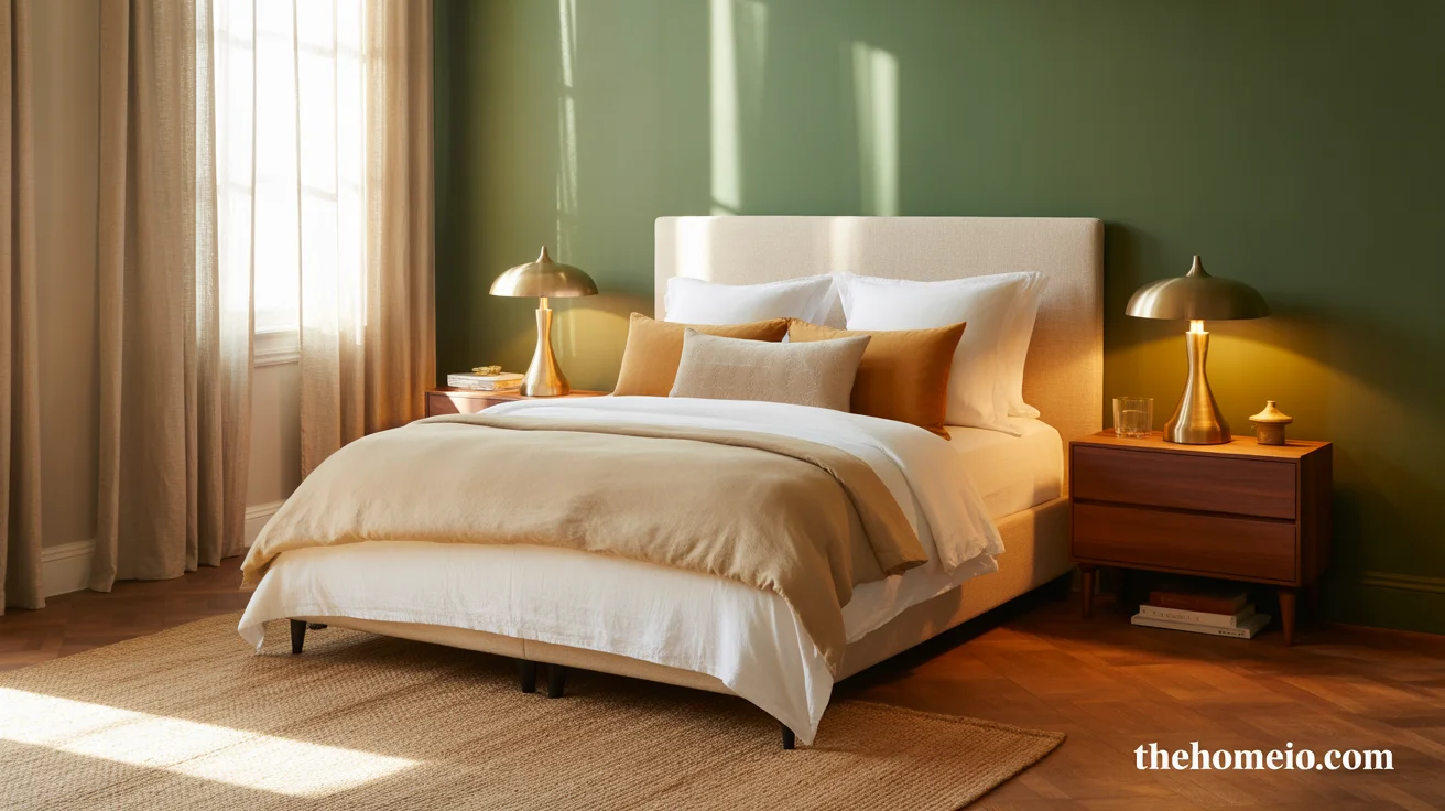 Modern bedroom paint colors with sage green accent wall linen headboard cream bedding walnut nightstands and brass lamps