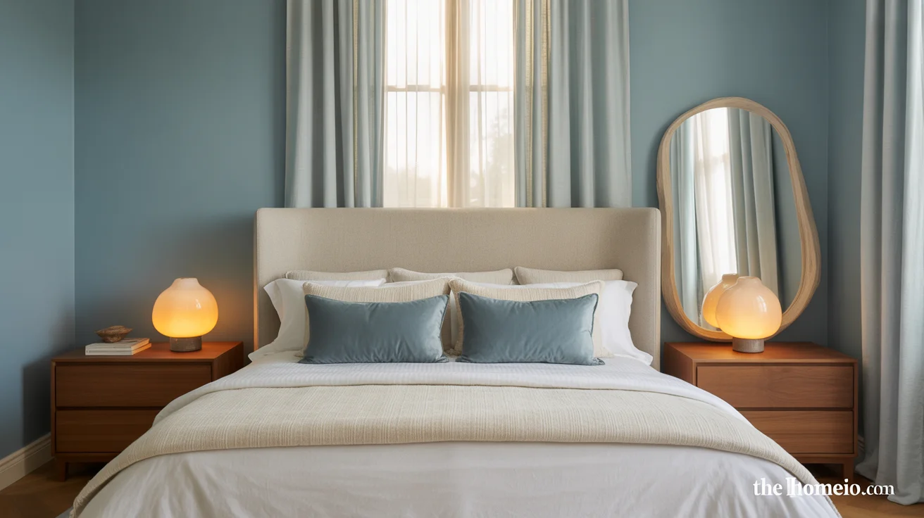 Modern American blue bedroom ideas with dusty blue walls linen headboard cream bedding walnut nightstands and warm ceramic lamps