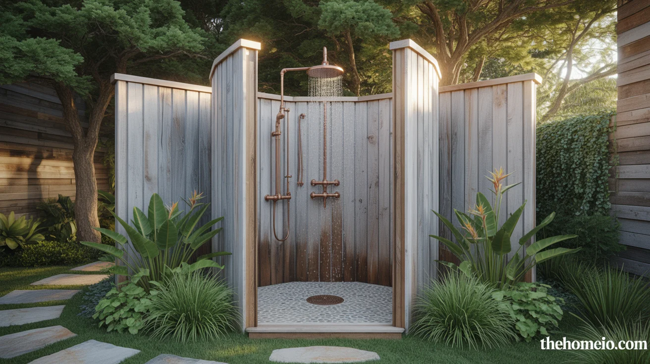 An image of outdoor shower ideas with weathered cedar enclosure vintage brass rain head copper pipe pebble floor and tropical plants