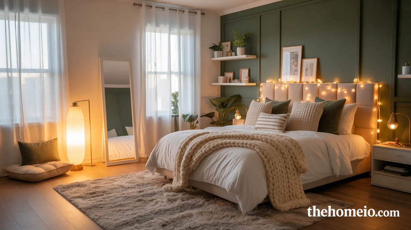 Cozy teen bedroom ideas with layered bed sage green accent wall string lights floating shelves reading nook and shaggy area rug