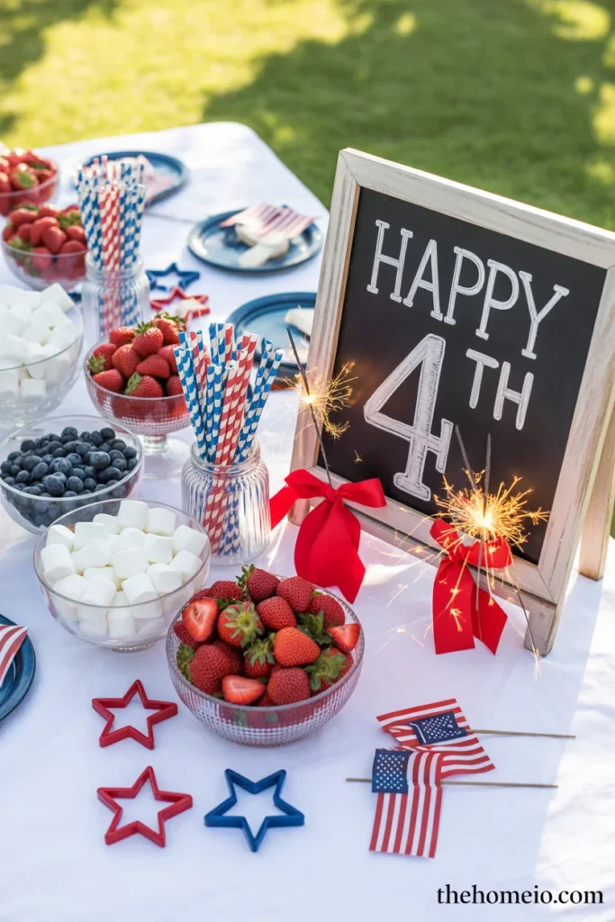 backyard 4th of July dessert station with strawberries marshmallows blueberries striped straws star cookie cutters flags and sparkler bundles