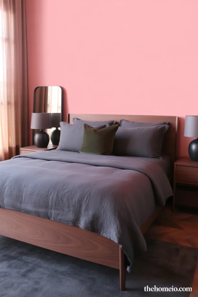 bedroom with blush pink walls charcoal bedding dark wood frame matte black lamps and olive throw pillow