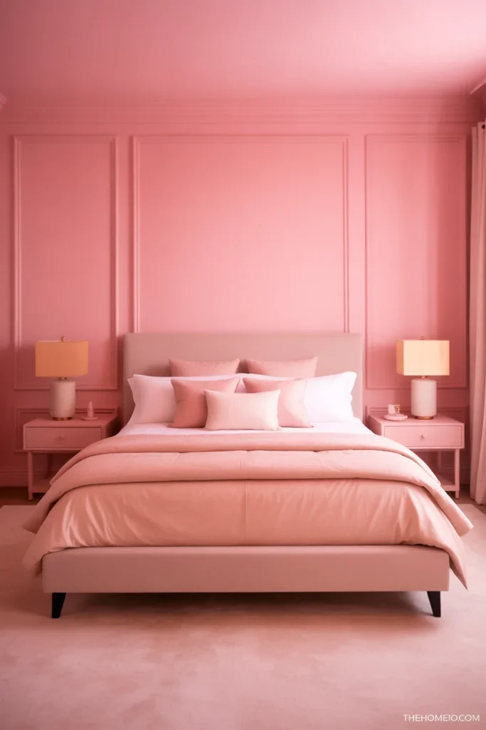 Dreamy monochromatic pink bedroom with walls ceiling and trim in same soft pink tone cream bedding and warm lamps