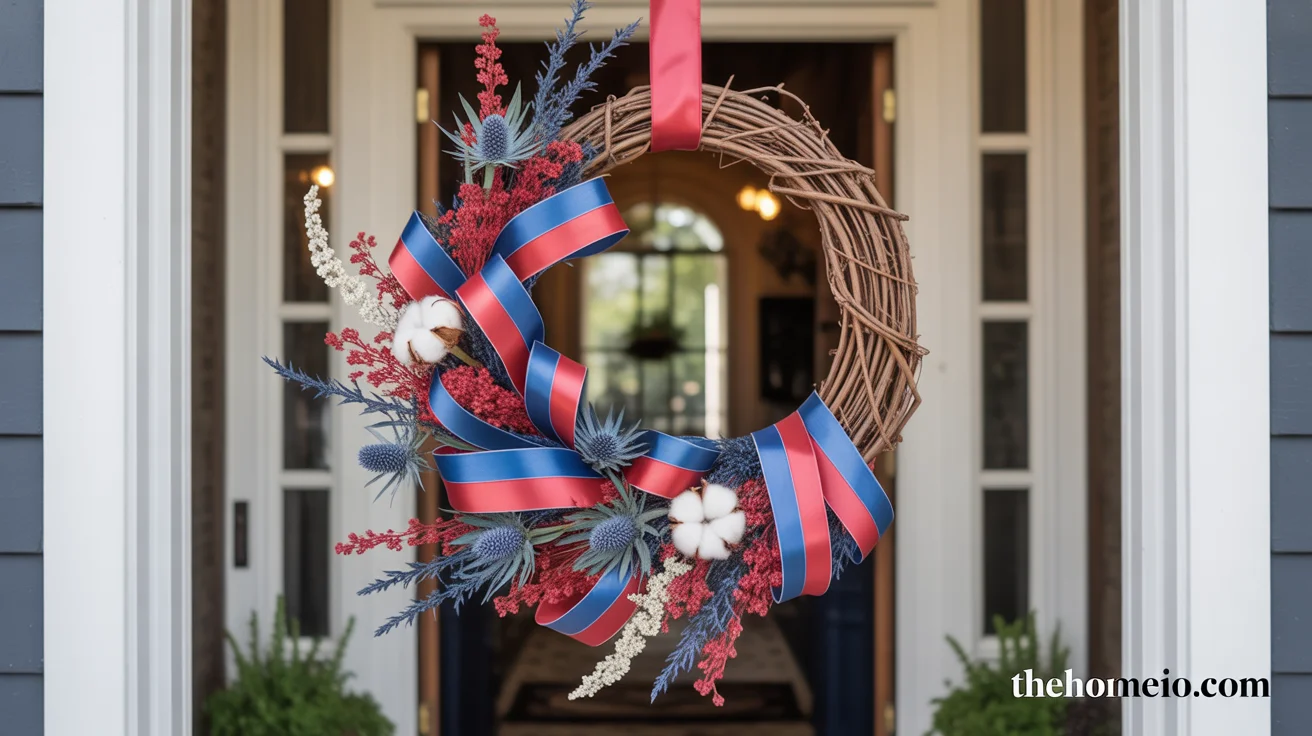 Beautifully decorated American home for 4th of July with patriotic wreath planters pennant banner American flag and string lights on front porch
