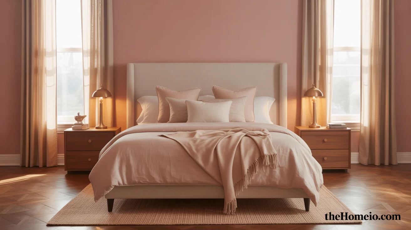 Modern pink bedroom ideas with dusty rose walls linen headboard cream blush bedding walnut nightstands and brass lamps