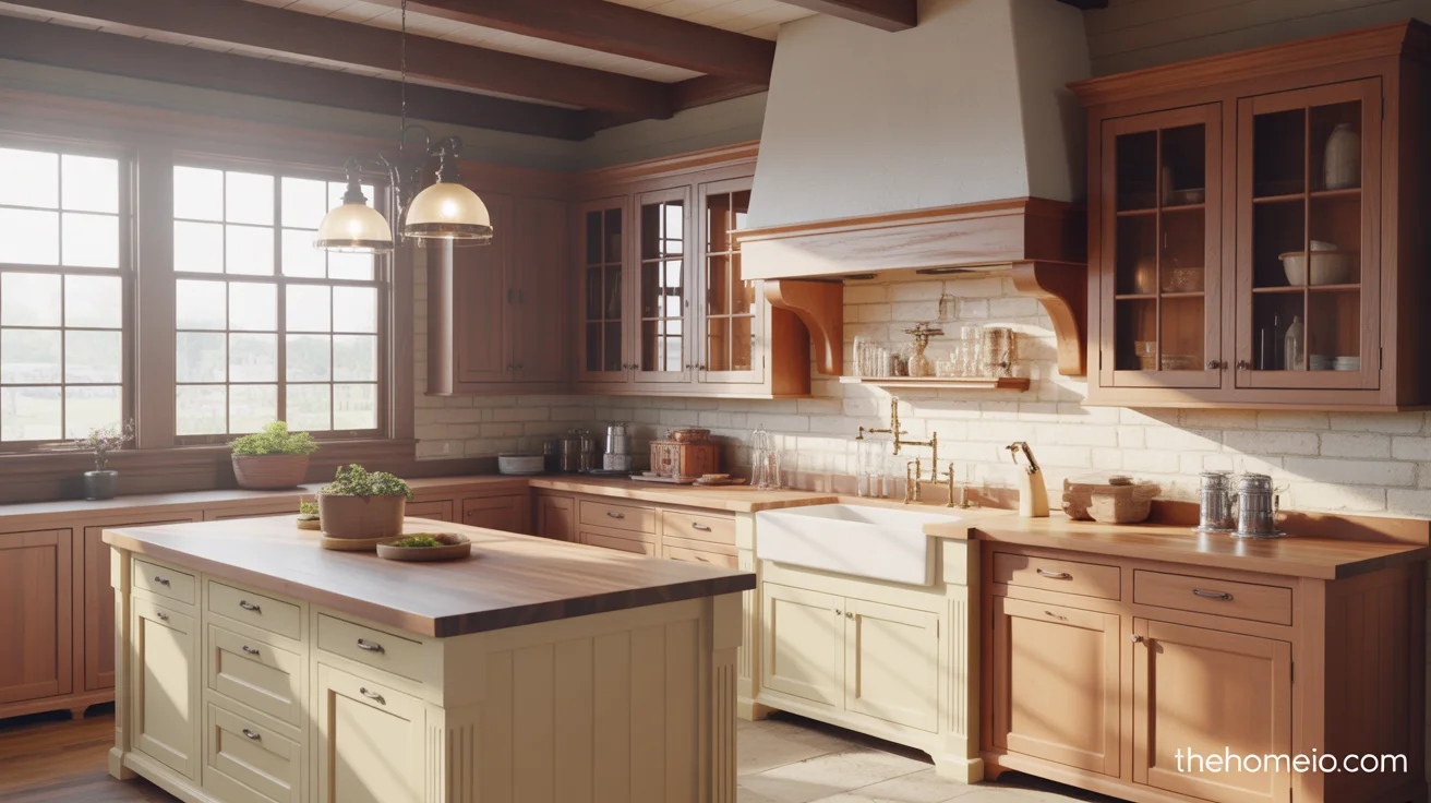 Modern farmhouse kitchen with warm wood cabinets, cream cabinets, worktable island, and brass hardware