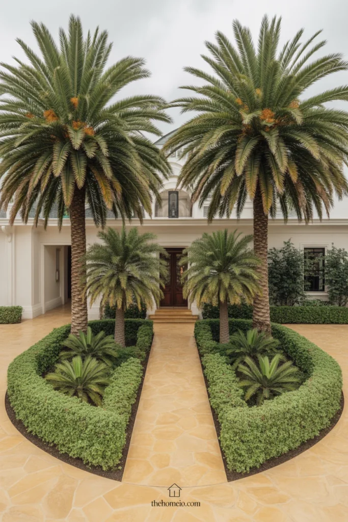 Front yard with two matching palms framing the walkway in a symmetrical layout