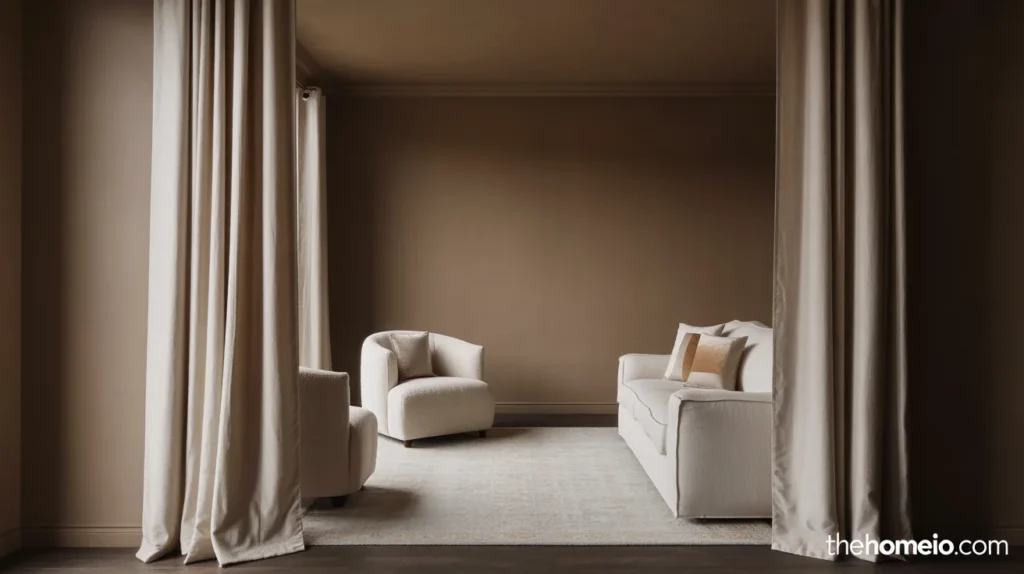 Moody neutral living room balanced with dark walls and light cream furnishings