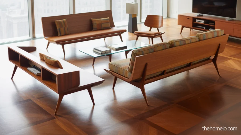 Small mid-century modern living room with leggy furniture that keeps the floor visible