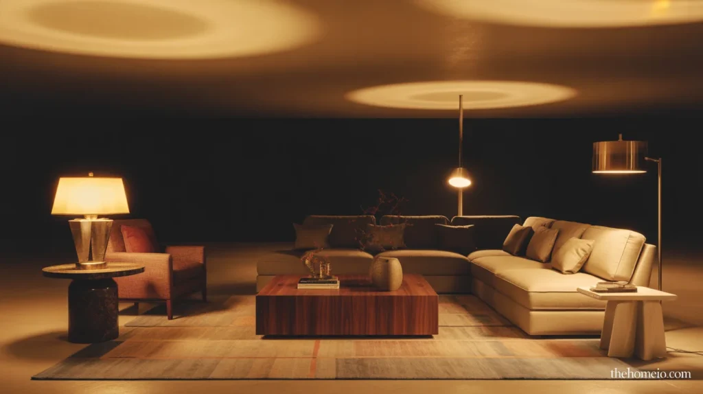 Warm living room with layered lighting from table lamps and floor lamps