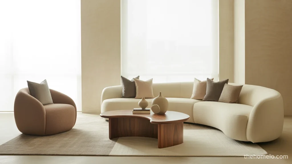 Contemporary living room with curved sofa, round chair, and soft organic shapes