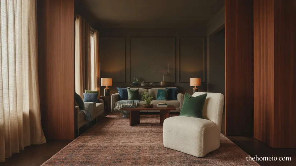 Moody living room layered with velvet, boucle, linen, and textured rug