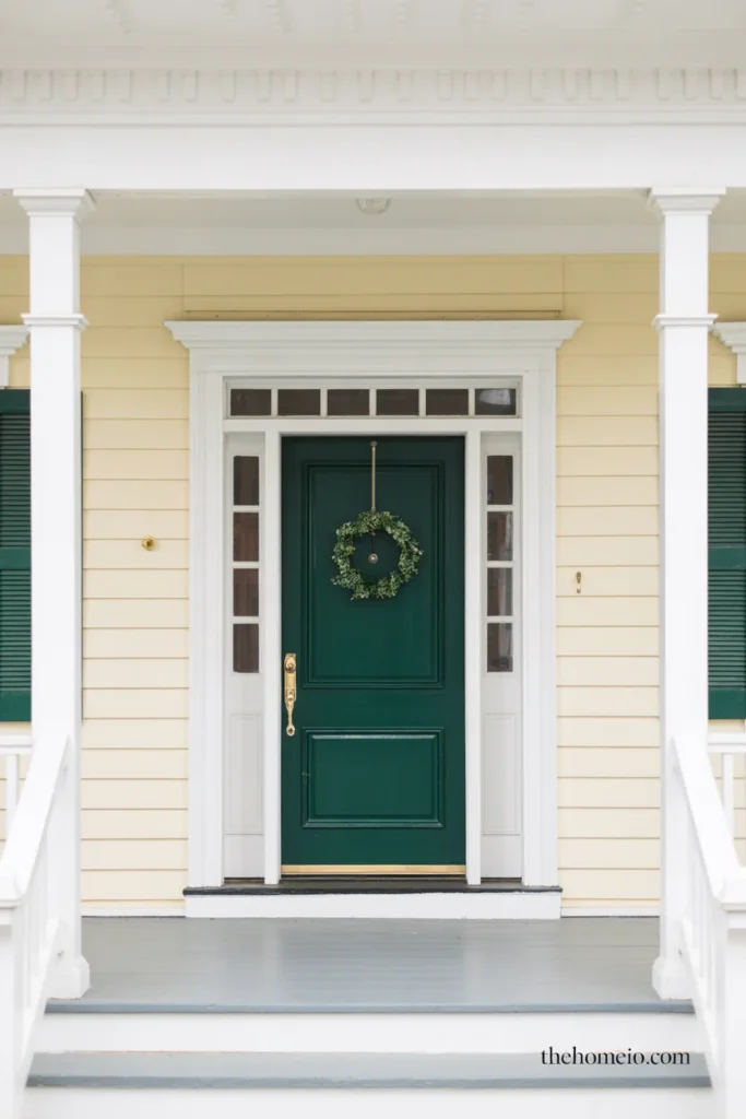 Layered doormats at American home front porch entrance with jute base mat and patterned welcome mat on top