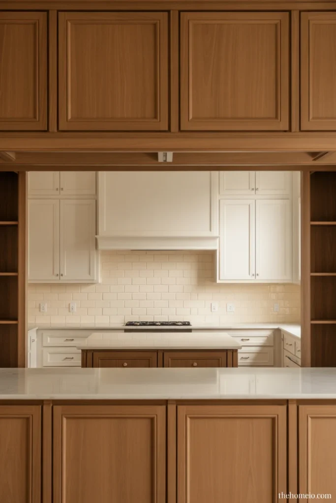 Kitchen with white oak cabinets, white quartz countertops, and a warm neutral backsplash