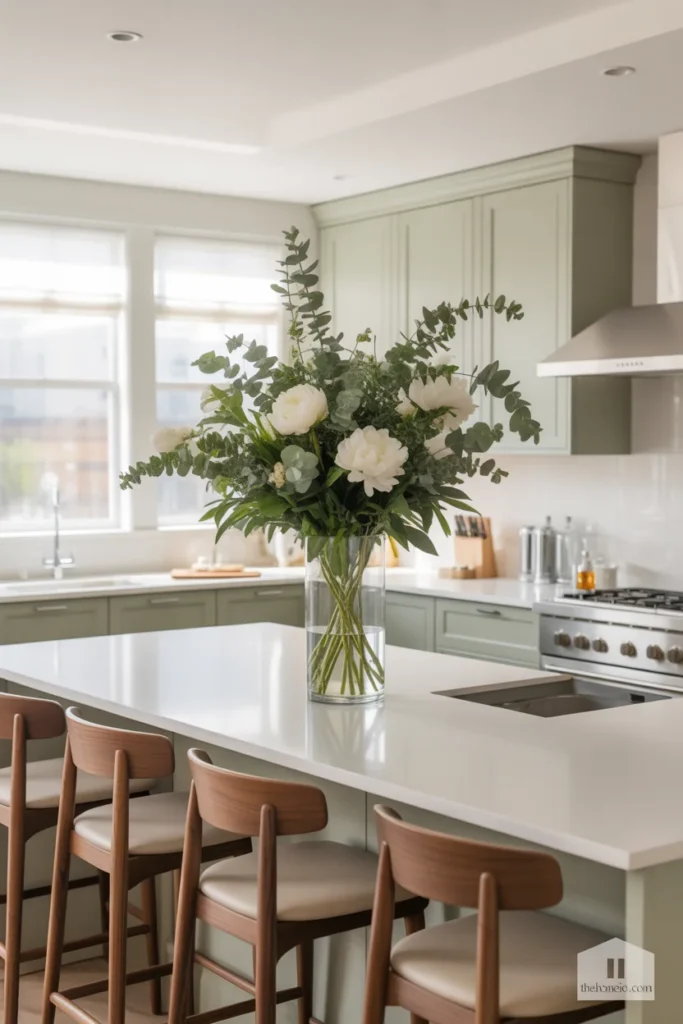 Kitchen island with fresh flowers in a vase as the main centerpiece