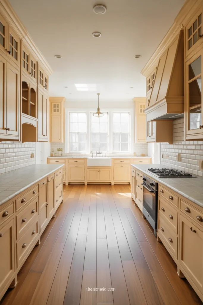 Farmhouse kitchen with soft white cabinets, brass hardware, and warm wood floors