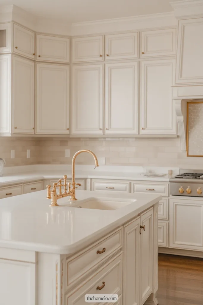 White kitchen cabinets paired with brushed brass hardware and white countertops