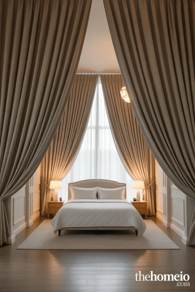 Bedroom with floor-length curtains hung high for a taller look