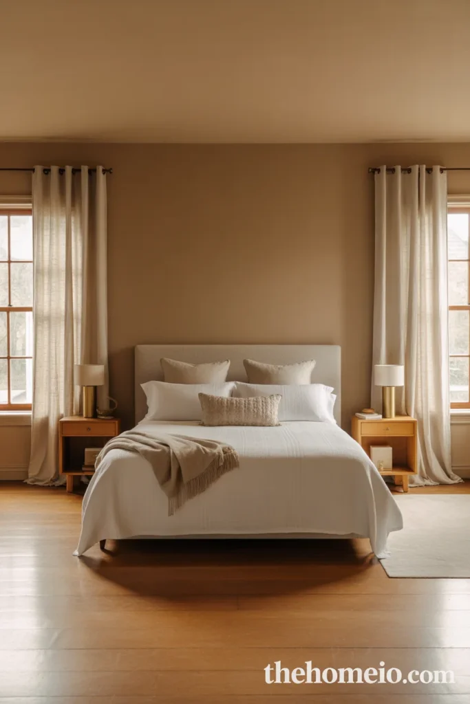 Bedroom with warm painted walls in taupe or soft gray-green for a calm makeover