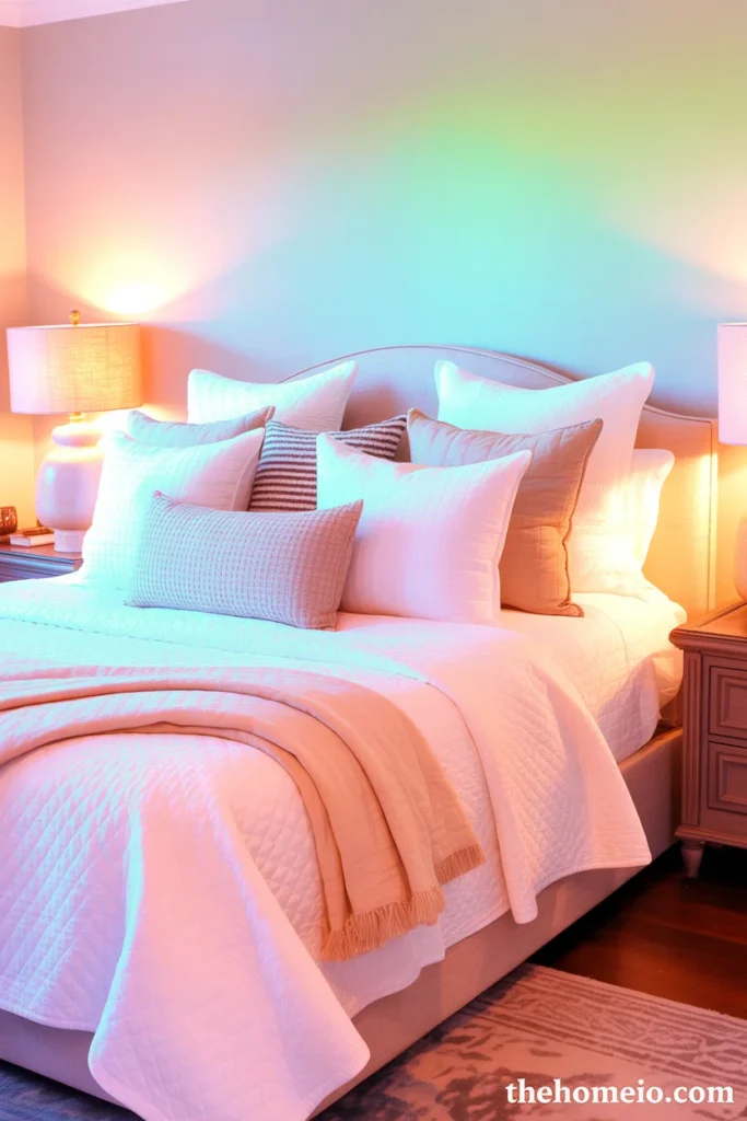 White bedroom with layered bedding, textured pillows, and soft warm lighting