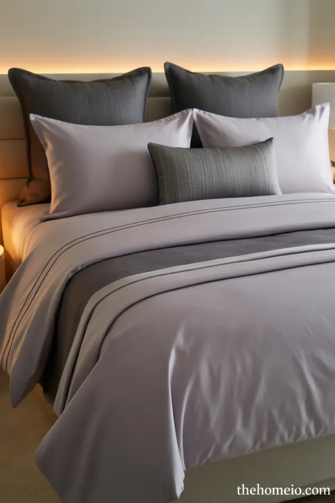 Grey bedroom with layered bedding in multiple grey tones and textured pillows