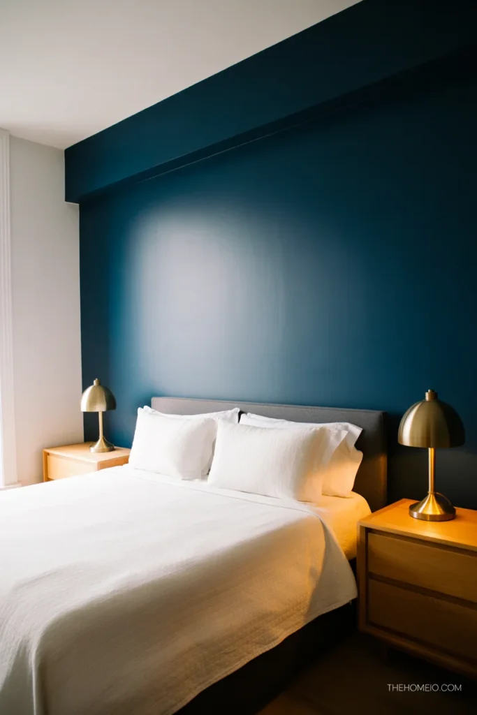 Modern bedroom with deep navy blue accent wall white walls white bedding brass lamps and wood nightstands