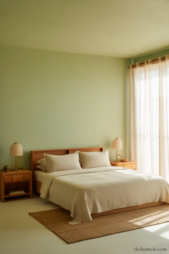 Calm bedroom with soft sage green walls cream linen bedding wood bed frame brass lamps and jute rug