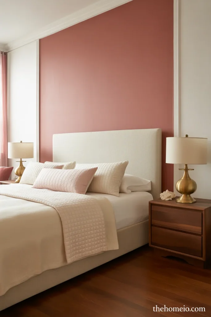 Elegant bedroom with dusty rose accent wall white walls cream bedding upholstered headboard and aged brass lamps