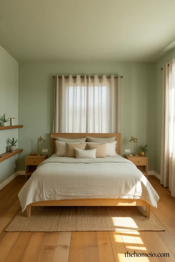 Calm modern farmhouse bedroom with sage green walls wood bed frame cream linen bedding brass lamps and jute rug