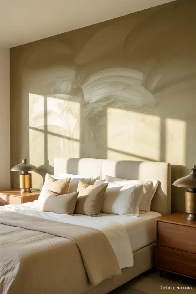 Modern bedroom with warm greige limewash textured accent wall linen headboard cream bedding and aged brass lamps