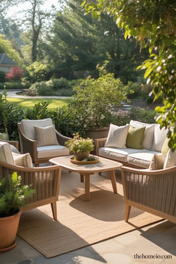 Comfortable American backyard patio seating with deep club chairs loveseat gray Sunbrella cushions and round teak coffee table