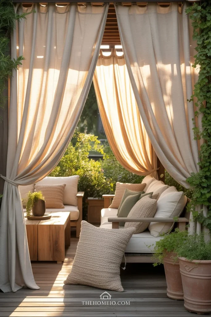 Patio with light linen curtains framing a wooden seating area, textured cushions, potted plants, warm natural sunlight, casual yet refined style, realistic outdoor living space,