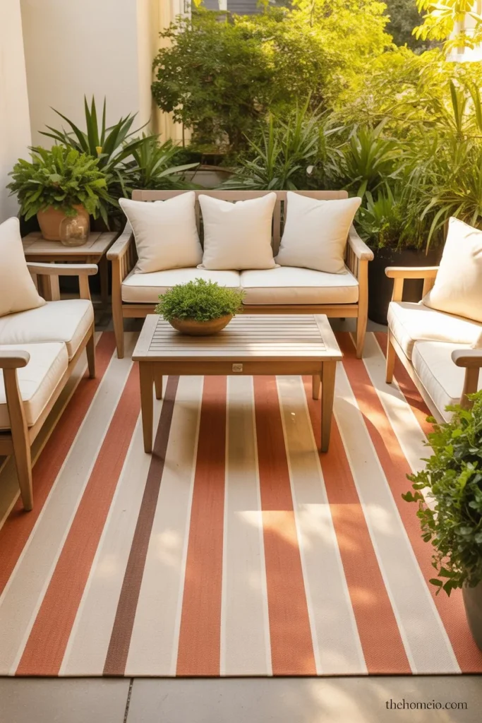 Classic American patio with warm terracotta cream and rust striped outdoor rug natural wood furniture and cream cushions