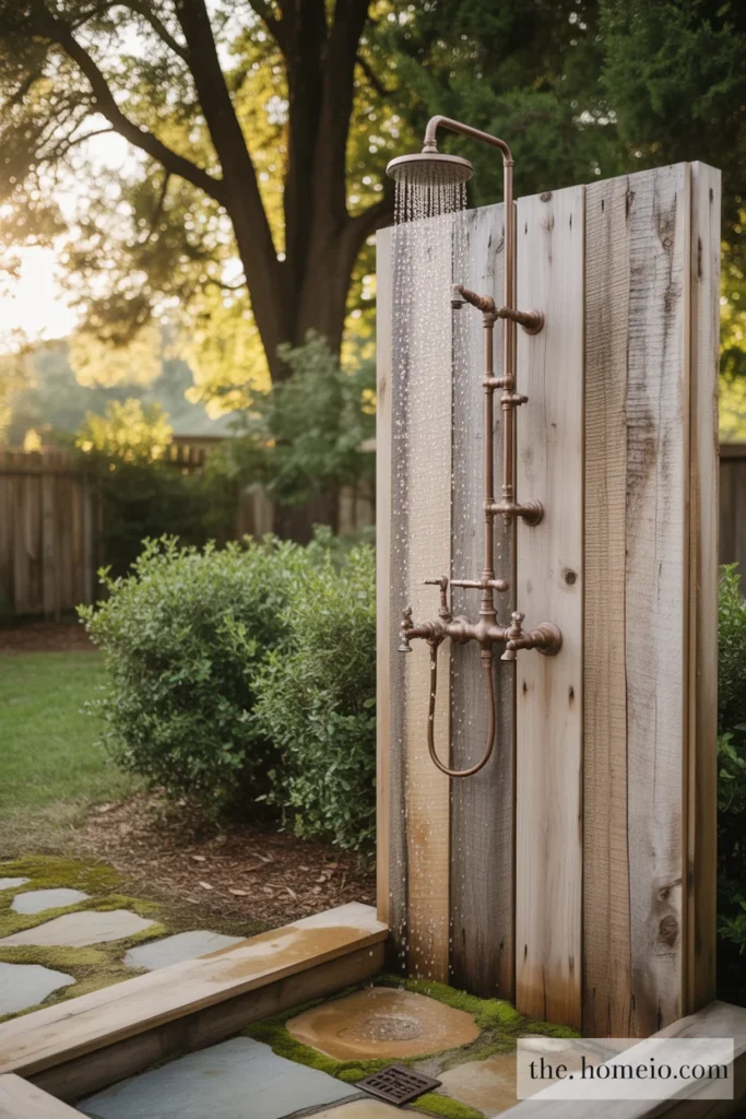 backyard outdoor shower built from reclaimed barn wood with oil-rubbed bronze vintage fixtures and exposed pipe supply line