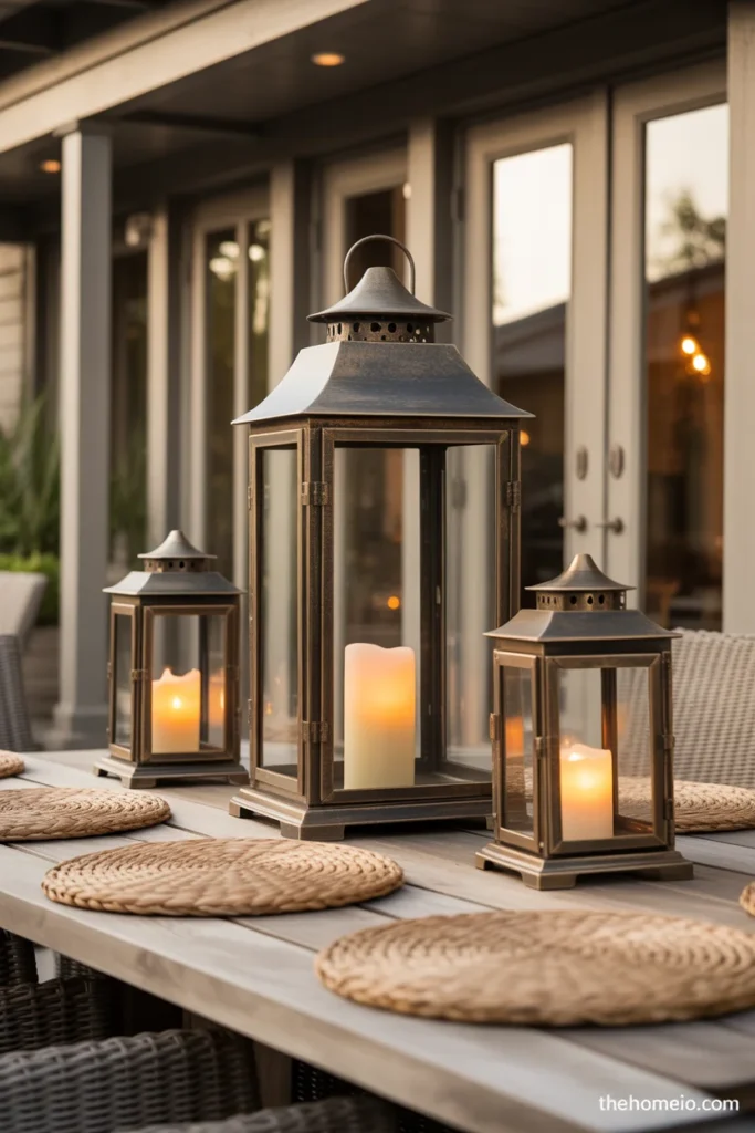 outdoor patio table with tall aged bronze lantern centerpiece flanked by two smaller lanterns with glowing pillar candles