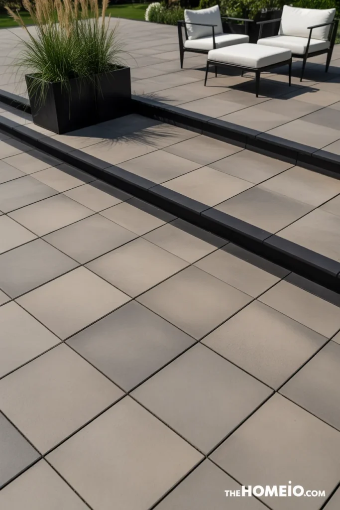 Modern backyard patio with large 24x24 inch warm gray concrete pavers clean grid pattern and black steel edging