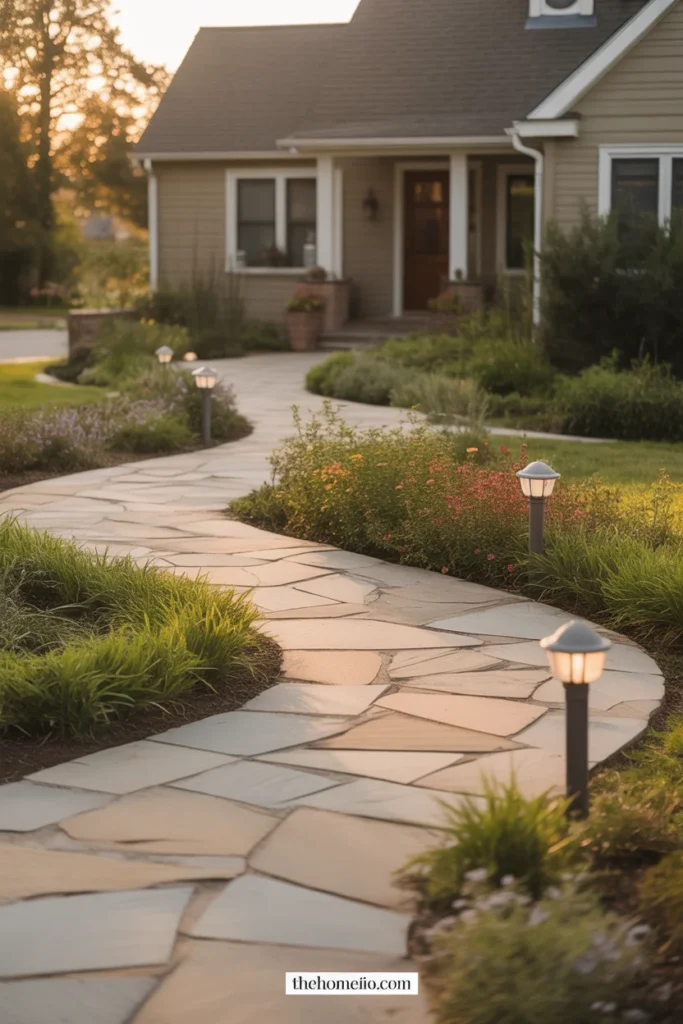 Flagstone front walkway lined with flowering plants and solar path lights leading to home entrance