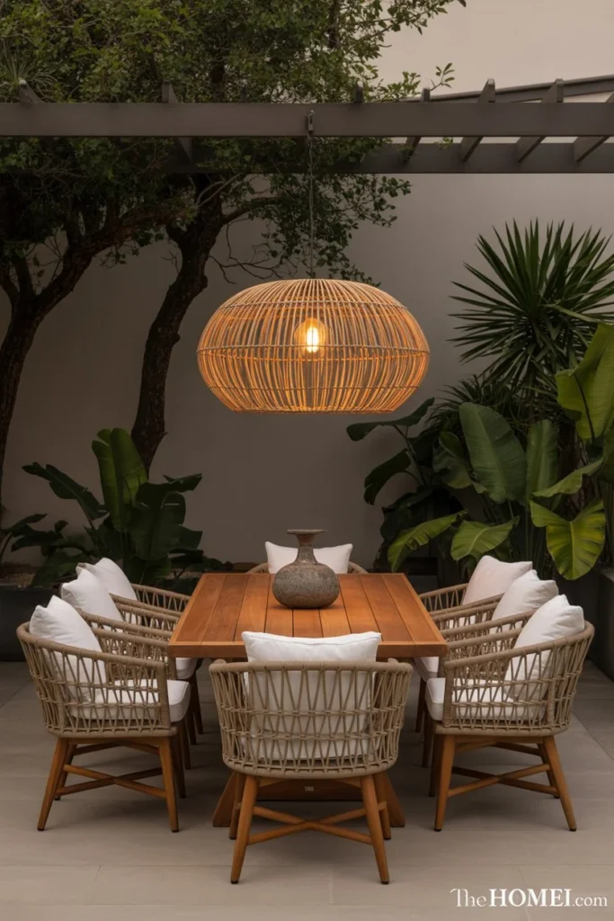backyard outdoor dining area with large rattan pendant light hanging above teak table rattan chairs and tropical plants at evenin